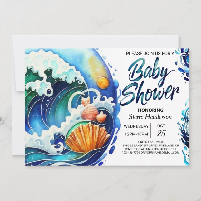 Invitation Baby shower Whimsical Sky Blue Waves (Devant)