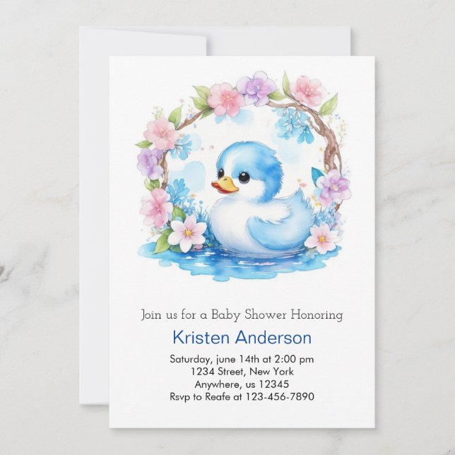 Invitation Baby shower Whimsical Watercolor Duckling Boy (Devant)