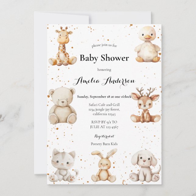 Invitation Baby shower Whimsical Watercolor Plush Animaux (Devant)