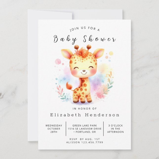 Invitation Baby shower Whimsy Custom Giraffe (Devant)