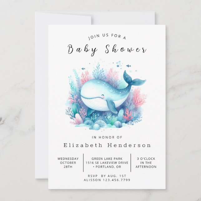 Invitation Baby shower Whimsy Digital Whale (Devant)