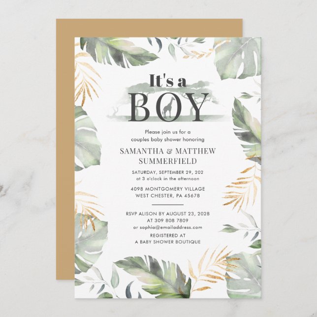 Invitation Baby shower Wild Jungle Safari Giraffe Couples (Devant / Derrière)