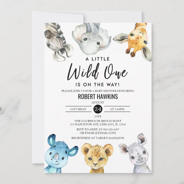 Invitation Baby shower Wild One non-genre Safari Animaux (Devant)