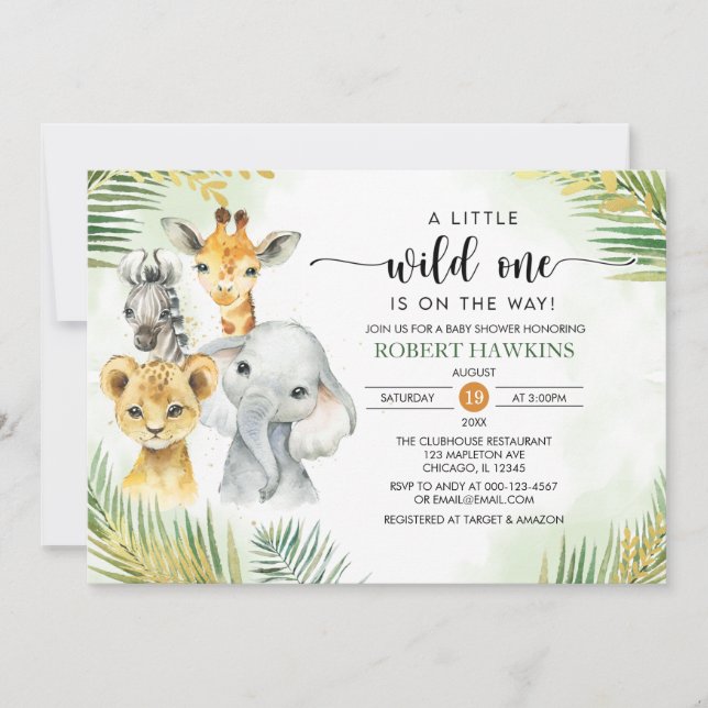Invitation Baby shower Wild One non-genre Safari Animaux (Devant)