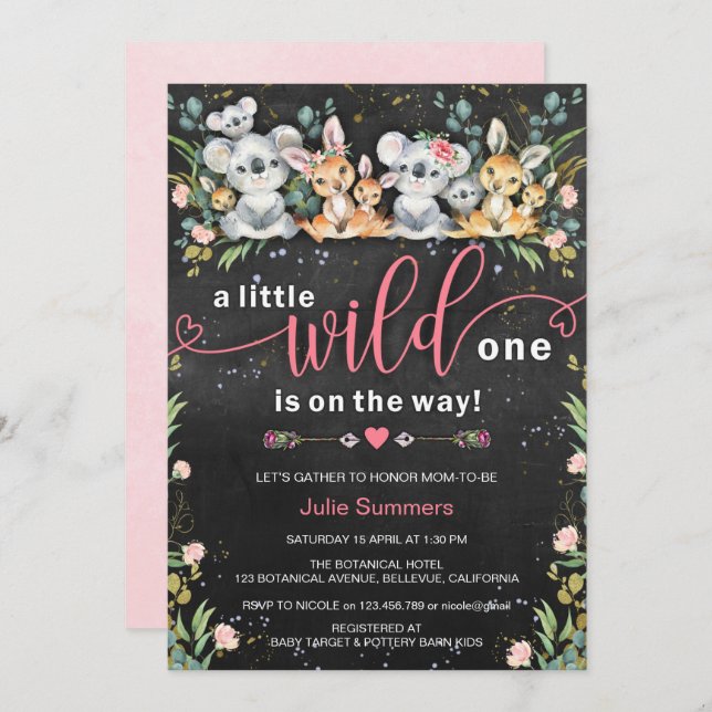 Invitation Baby shower Wild One rose Koala Kangaroo (Devant / Derrière)
