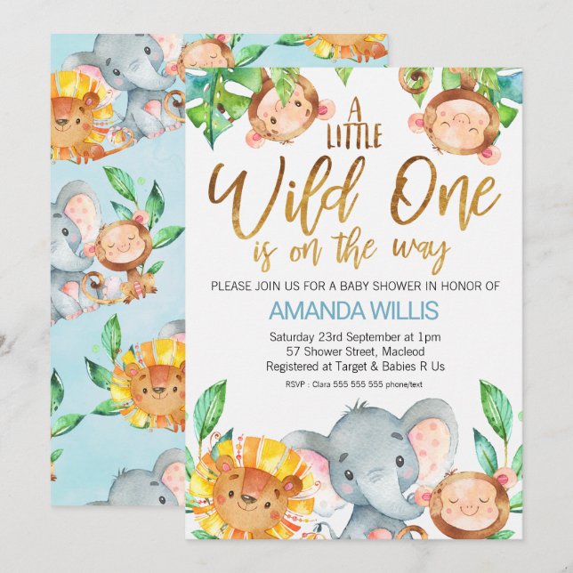 Invitation Baby shower Wild One Safari Animals (Devant / Derrière)