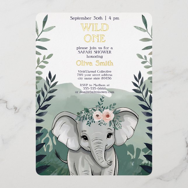Invitation Baby shower Wild One Safari Elephant (Recto)