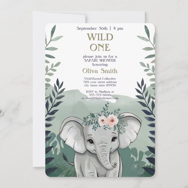Invitation Baby shower Wild One Safari Elephant (Devant)
