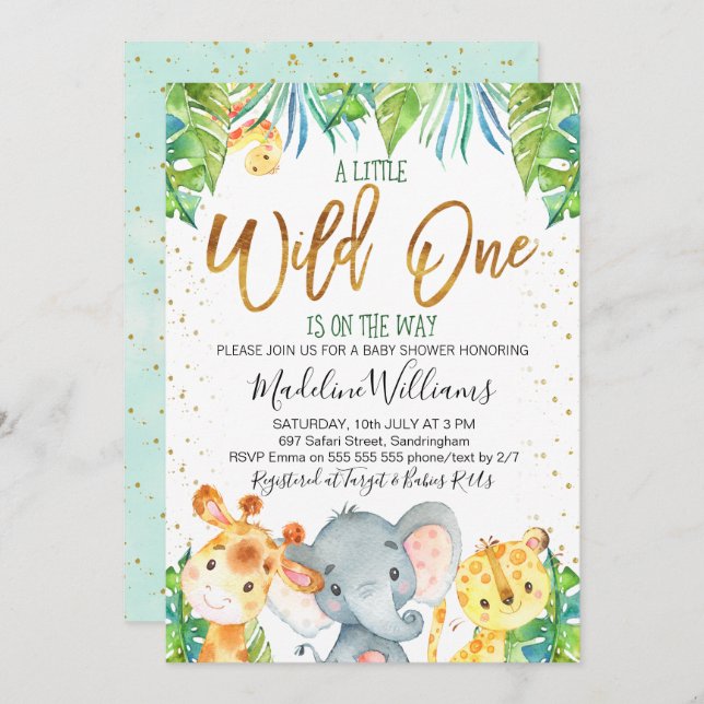 Invitation Baby shower Wild One Safari Jungle (Devant / Derrière)
