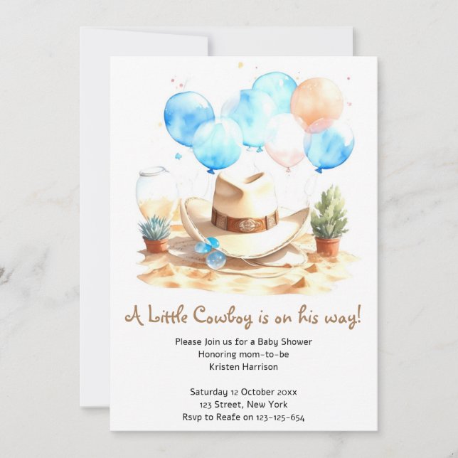 Invitation Baby shower Wild West Watercolor Cowboy (Devant)