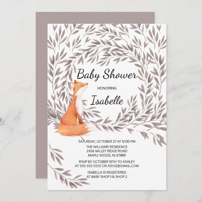 Invitation Baby shower Woodland Fox (Devant / Derrière)