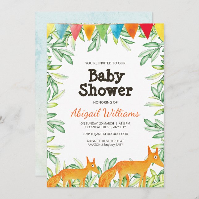 Invitation Baby shower Woodland Fox (Devant / Derrière)