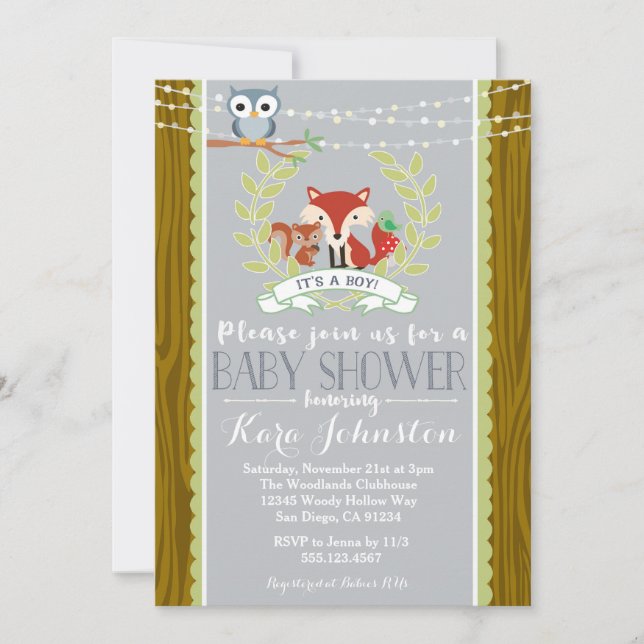 Invitation Baby shower Woodland Fox Owl Invitation (Devant)