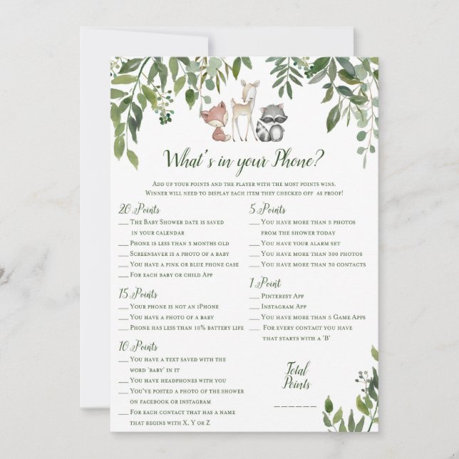 Invitation Baby shower Woodland - What's In Your Phone Game (Devant)