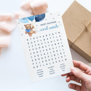 Invitation Baby shower Word Recherche Jeu Teddy Bear Blue Car
