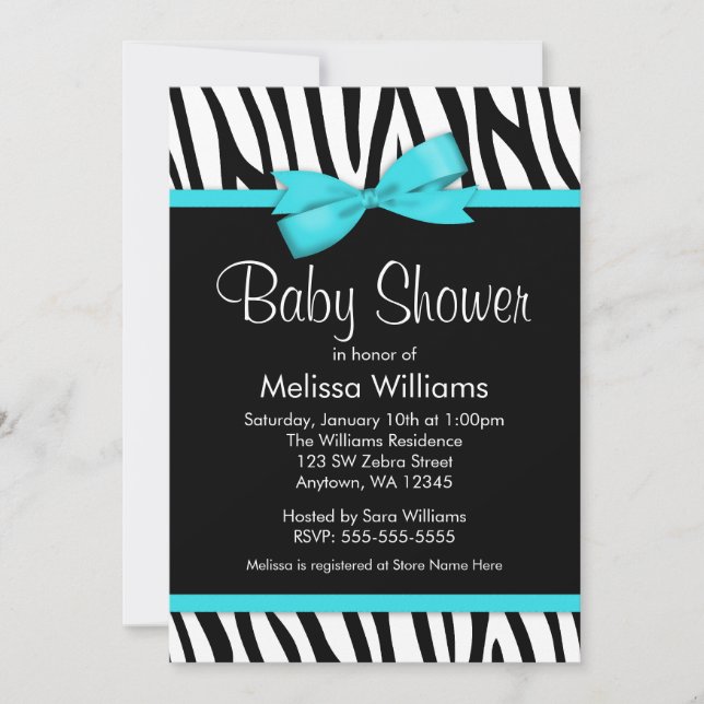Invitation Baby shower Zebra Blue Imprimé Bow Turquoise (Devant)