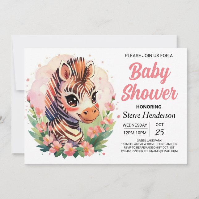 Invitation Baby shower Zebra Boho Rose mignon (Devant)