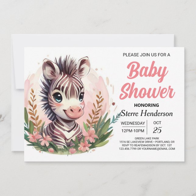 Invitation Baby shower Zebra Girl Watercolor Safari (Devant)