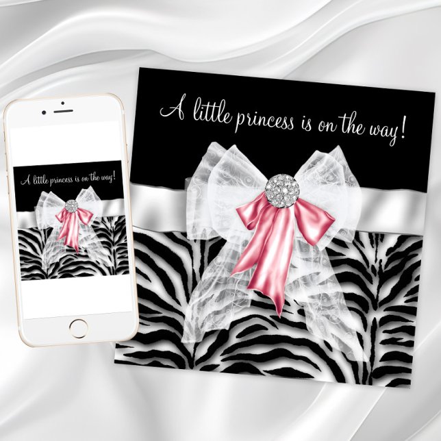 Invitation Baby Shower Zèbre Rose (Girl zebra baby shower invitation with pretty pink bow. Add your own text to the front and back. )