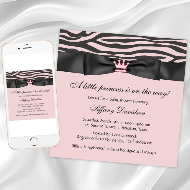 Invitation Baby Shower Zèbre Rose (Pink zebra baby shower invitation. Add your own text. Digital download and printed invitations.)