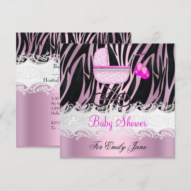 Invitation Baby Shower Zèbre Rose Blanc Bébé Fille (Devant / Derrière)