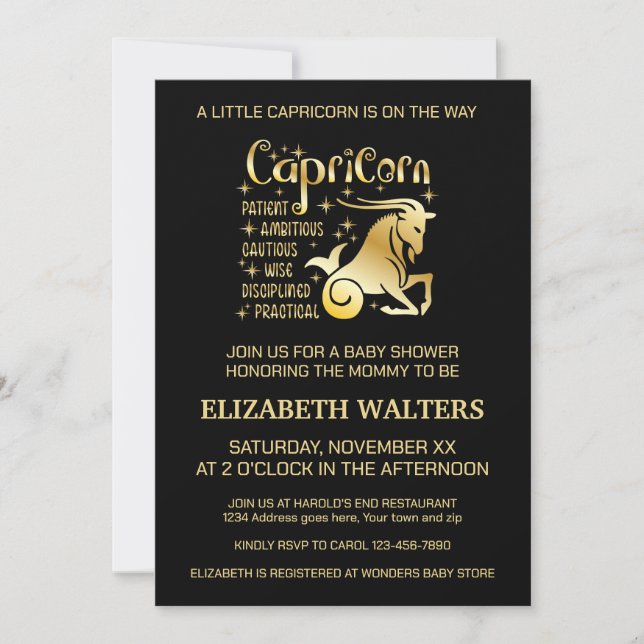 Invitation Baby shower Zodiac or et noir Capricorne (Devant)
