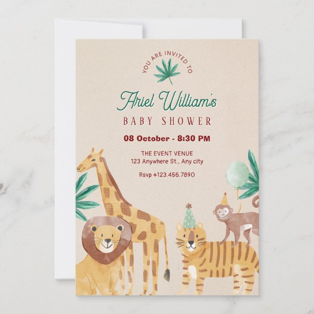 Invitation Baby shower zoo beige (Devant)
