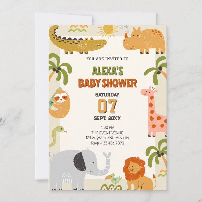 Invitation Baby shower zoologique d'animaux de la jungle (Devant)