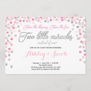 Invitation Baby showers jumeaux Filles rose et arg