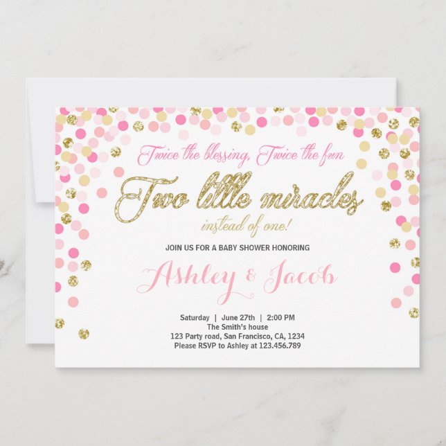 Invitation Baby showers jumeaux Filles Rose et or (Devant)