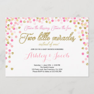 Invitation Baby showers jumeaux Filles Rose et or