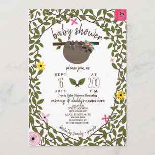 Invitation Baby Sloth fille Baby shower verdure