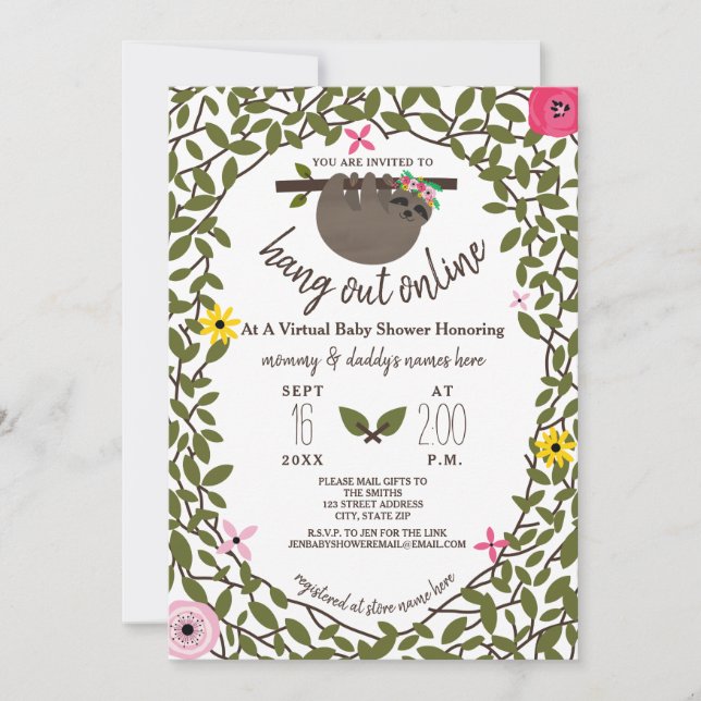 Invitation Baby Sloth Floral Virtual Online Girl Baby shower (Devant)