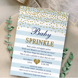 Invitation Baby Sprinkle Fils Garçon Confettis Rayure Or Bleu