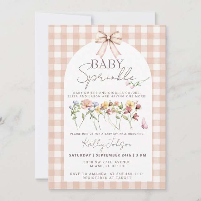 Invitation Baby Sprinkle Fleur Sauvage Gingham Neutre (Devant)