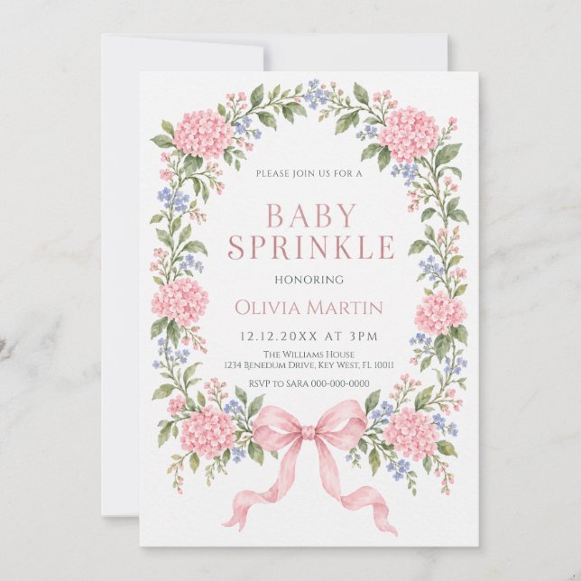 Invitation Baby Sprinkle Fleurs Hydrangea Rose (Devant)