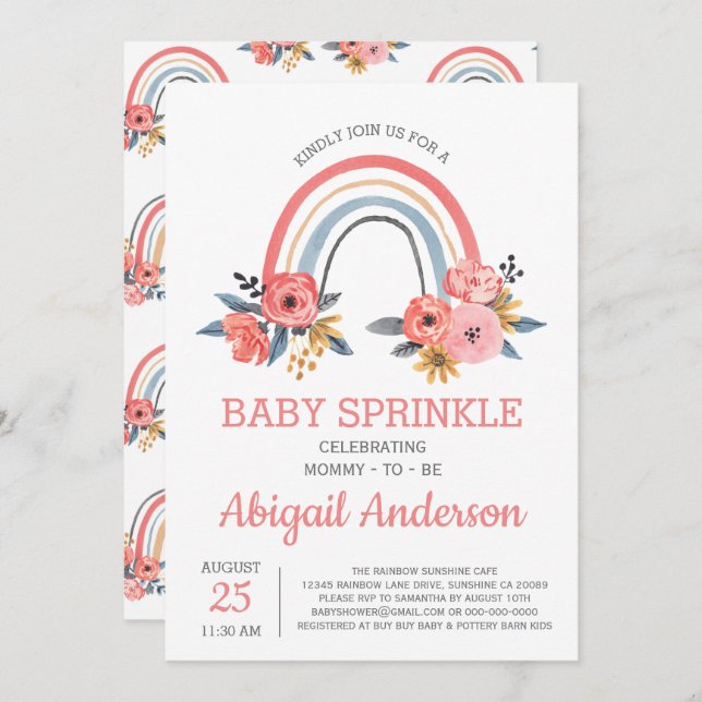 Invitation Baby Sprinkle Floral Blush rose arc-en-ciel élégan (Devant / Derrière)