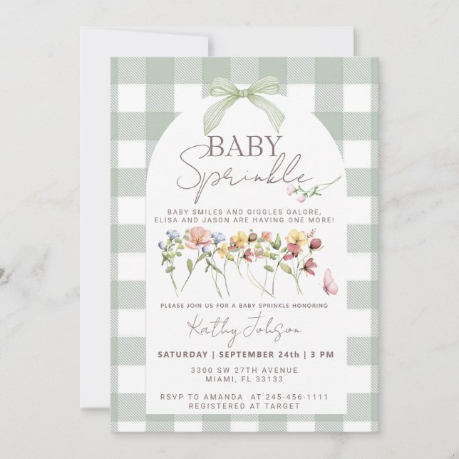 Invitation Baby Sprinkle Gingham Vert Sauge (Devant)