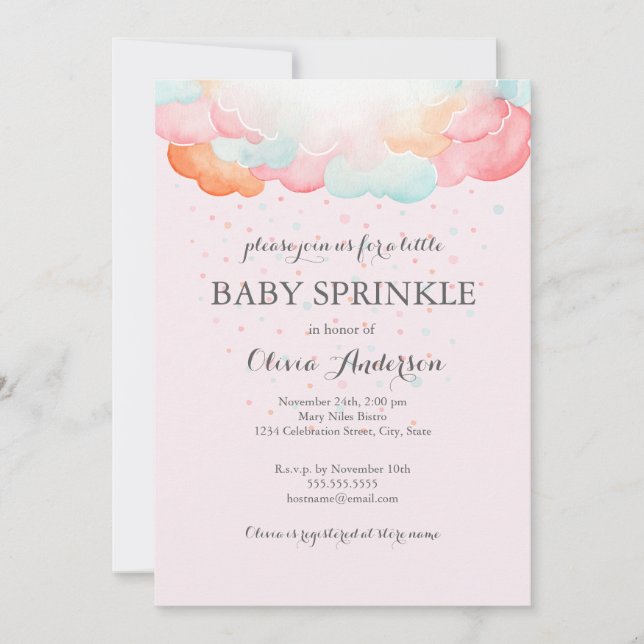 Invitation Baby Sprinkle Nuages Arc-en-ciel Rose (Devant)