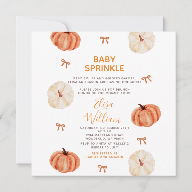 Invitation Baby Sprinkle Rustique Citrouille Blanche Fête Pré (Devant)