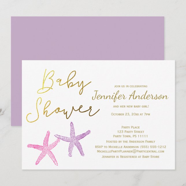 Invitation Baby Starfish Girl Baby shower (Devant / Derrière)