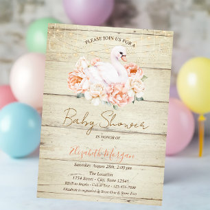 Invitation Baby Swan Flowers Baby shower de texture bois