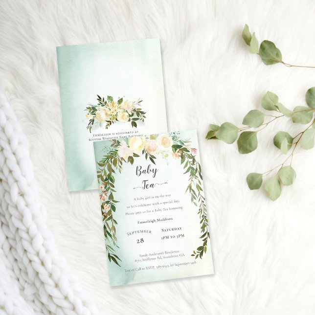 Invitation Baby Tea Shower Vert Roses Blanches Floral (Créateur téléchargé)
