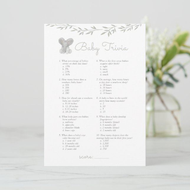 Invitation Baby Trivia Elephant Baby shower Jeu (Debout devant)