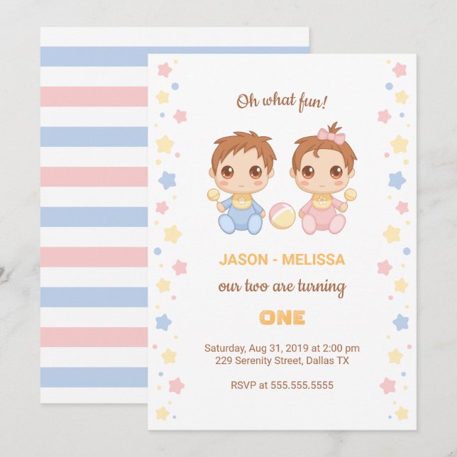 Invitation Baby Twins Garçon fille premier anniversaire (Devant / Derrière)