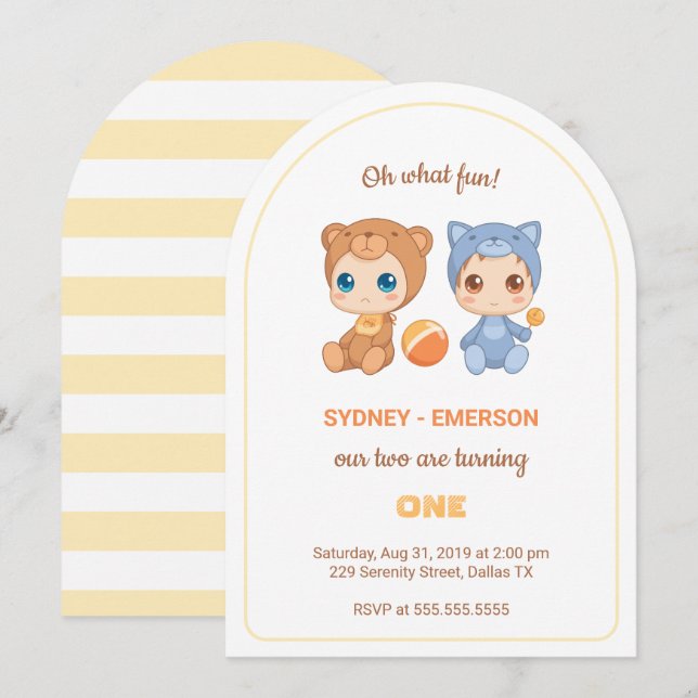 Invitation Baby Twins Premier Anniversaire Chat Bear Jumpsuit (Devant / Derrière)