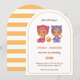 Invitation Baby Twins Premier Anniversaire Chat Bear Jumpsuit