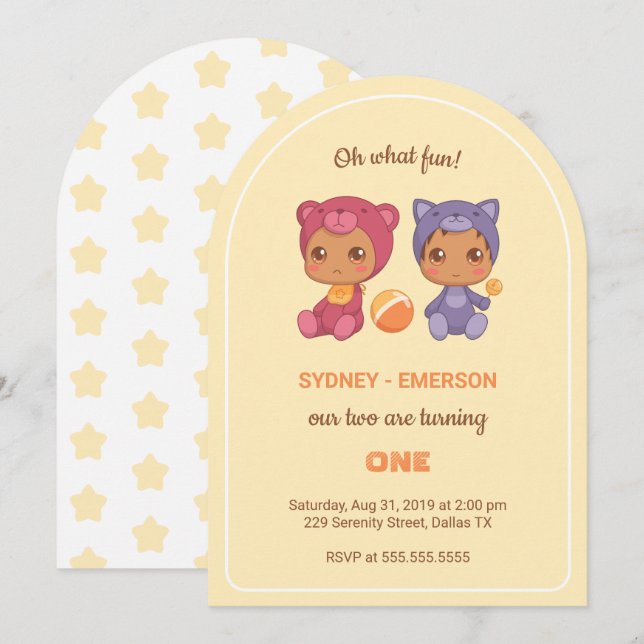 Invitation Baby Twins Premier anniversaire Chat Ours Jaune (Devant / Derrière)