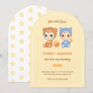Invitation Baby Twins Premier anniversaire Chat Ours Jaune