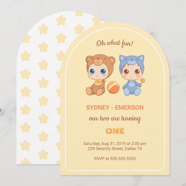 Invitation Baby Twins Premier anniversaire Chat Ours Jaune (Devant / Derrière)